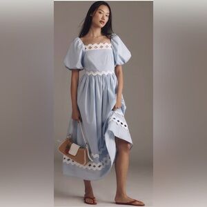 NWT English Factory Rickrack Puff-Sleeve Midi Dress blue size M FLAW